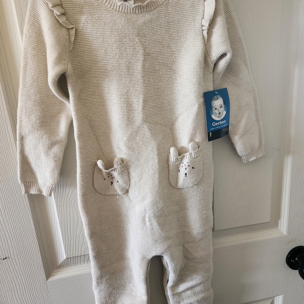 Gerber Cream Knit Baby Onesie with Bear Pockets